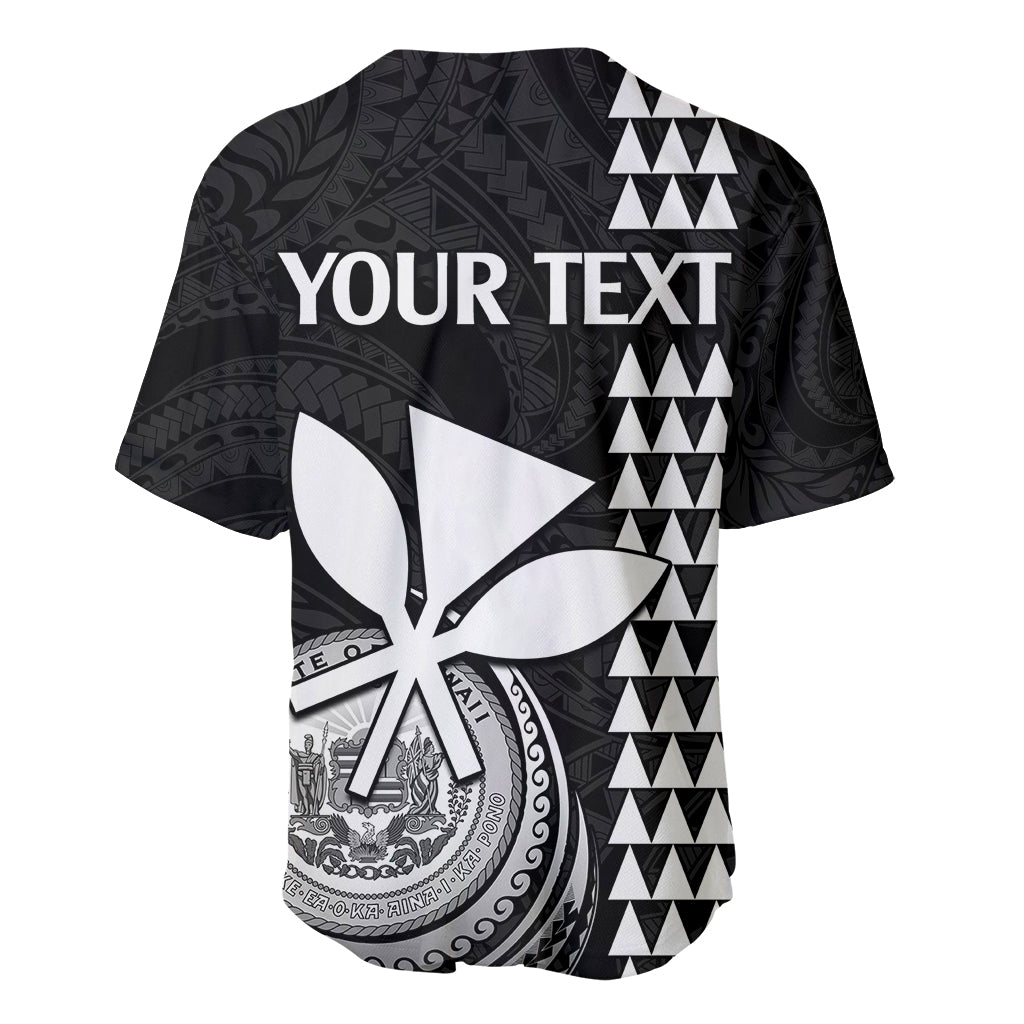 Black baseball jersey with “YOUR TEXT” and white flower design, button front