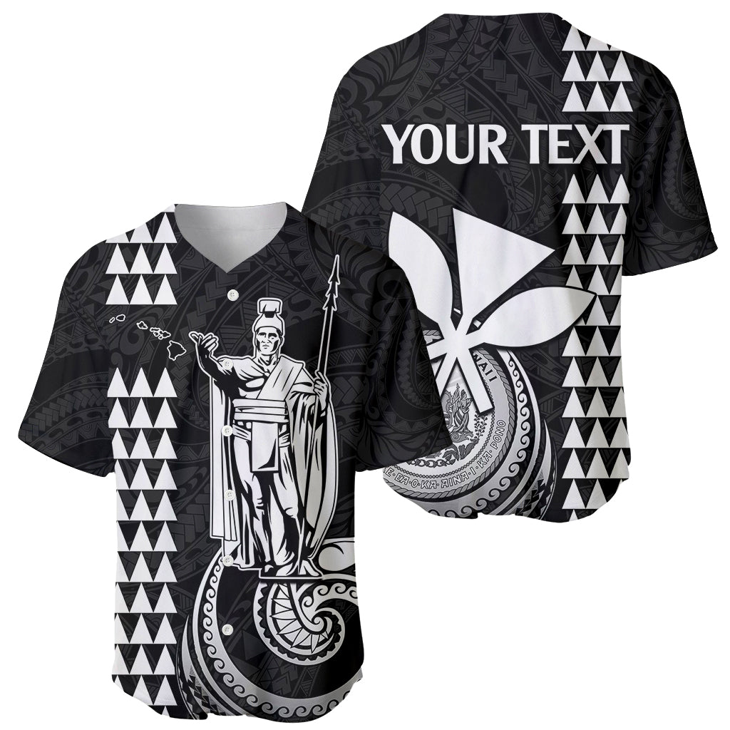 Two black baseball jerseys: King Kamehameha front and “YOUR TEXT” flower design