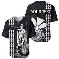 Two black baseball jerseys: King Kamehameha front and “YOUR TEXT” flower design