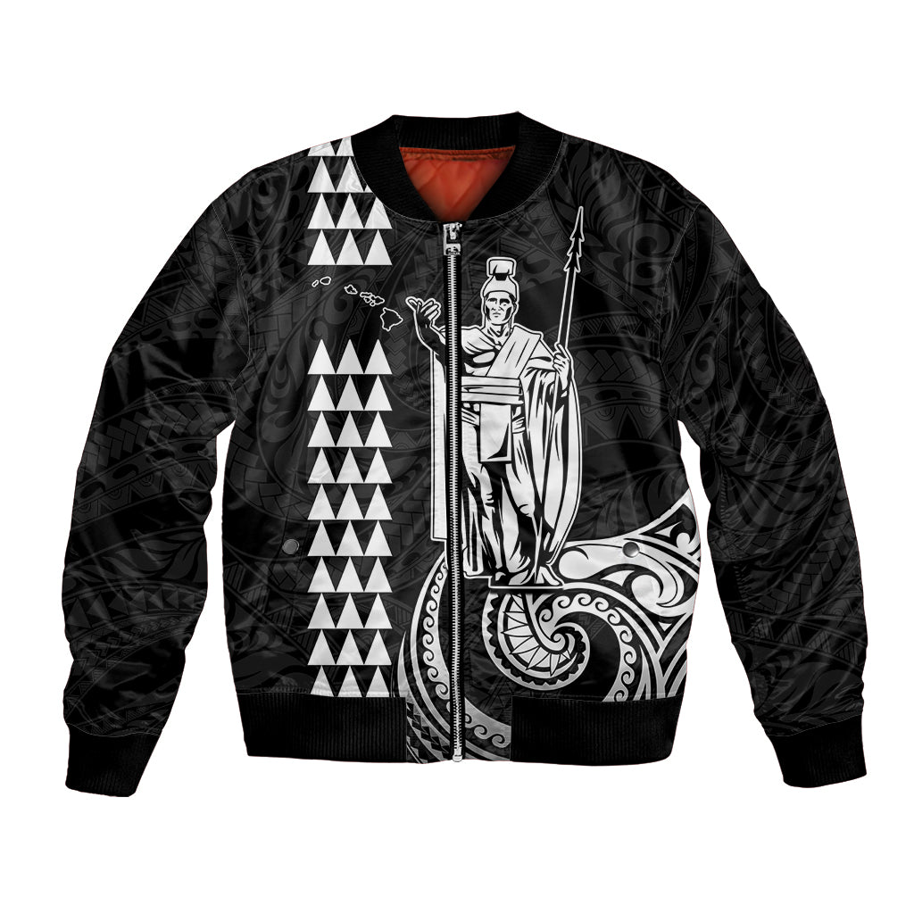 Black bomber jacket with full-zip front, ribbed cuffs, and bold graphic artwork panel