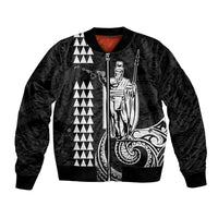 Black bomber jacket with full-zip front, ribbed cuffs, and bold graphic artwork panel