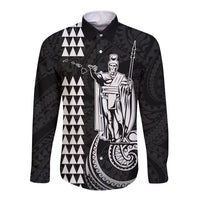Black long-sleeve button shirt with white tribal stripes and king graphic