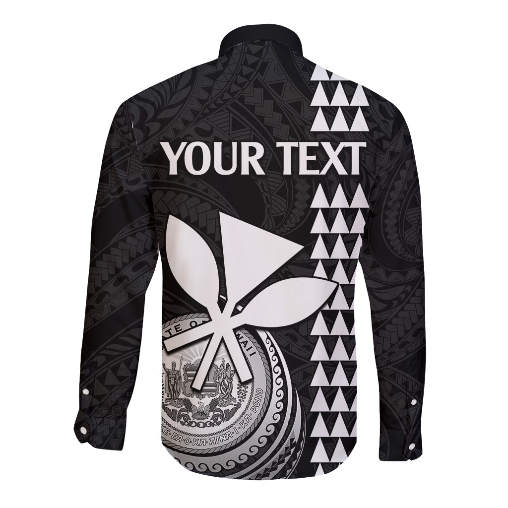 Black long-sleeve button shirt with white tribal pattern and "YOUR TEXT" on back