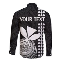Black long-sleeve button shirt with white tribal pattern and "YOUR TEXT" on back