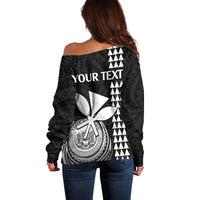 Black off-shoulder sweater back print with 'YOUR TEXT' and circular emblem
