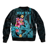 Dark bomber jacket, zip front, turquoise shark and pink hibiscus with 'YOUR TEXT'