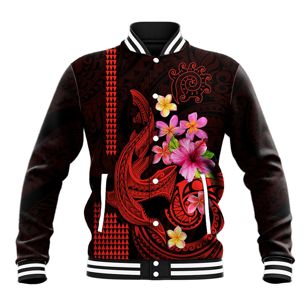 Dark baseball jacket with red tribal shark art, pink flowers, button front and striped cuffs