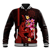 Dark baseball jacket with red tribal shark art, pink flowers, button front and striped cuffs