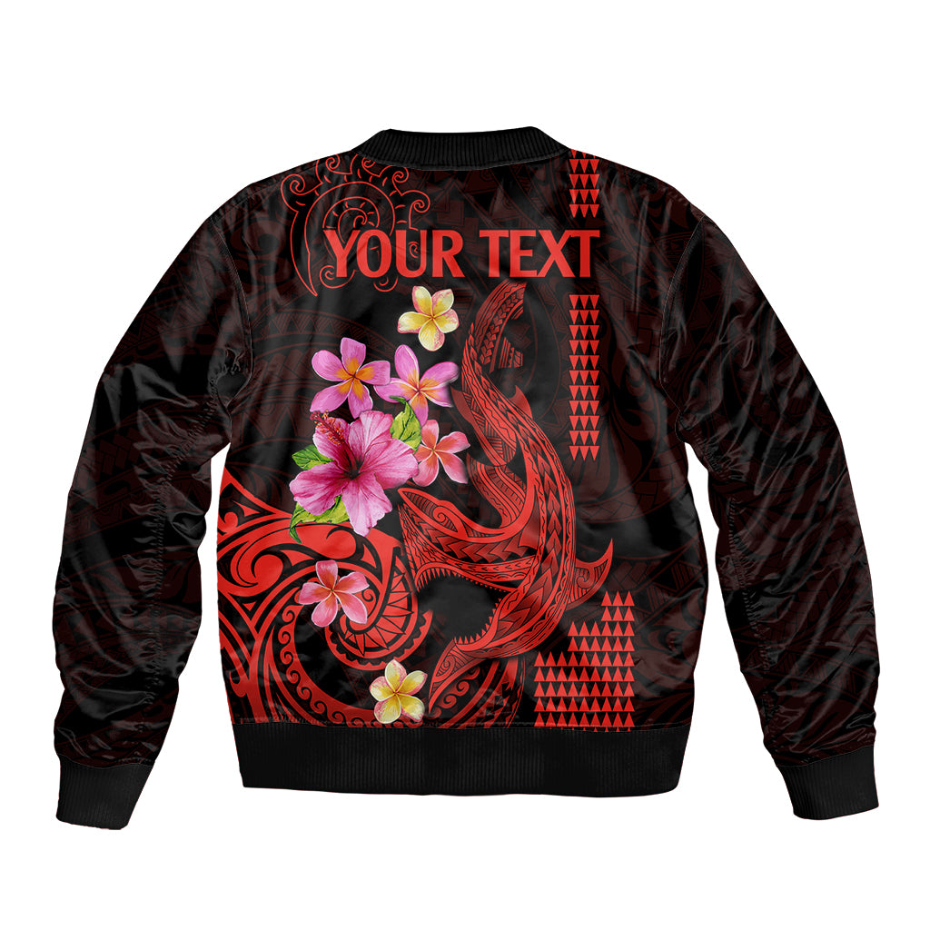 Dark bomber jacket with red tribal shark print, pink flowers, and 'YOUR TEXT' on back