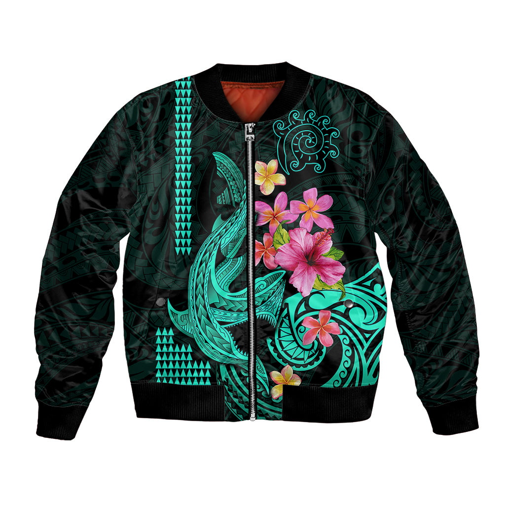 Unisex bomber jacket with teal tribal shark and pink hibiscus floral art, front zip