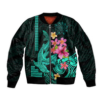 Unisex bomber jacket with teal tribal shark and pink hibiscus floral art, front zip