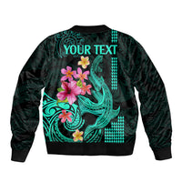 Unisex bomber jacket back with teal shark tattoo, pink hibiscus, and YOUR TEXT
