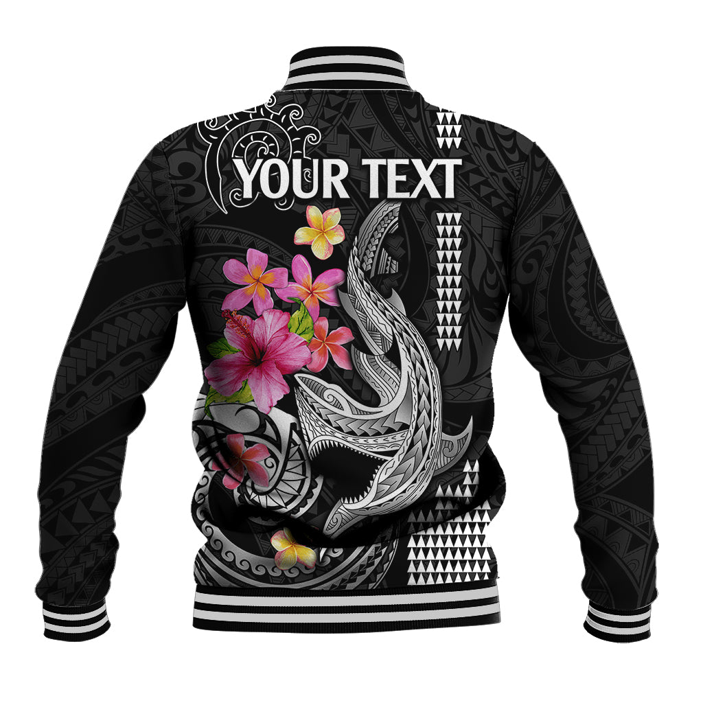 Black baseball jacket back with shark and hibiscus; YOUR TEXT print