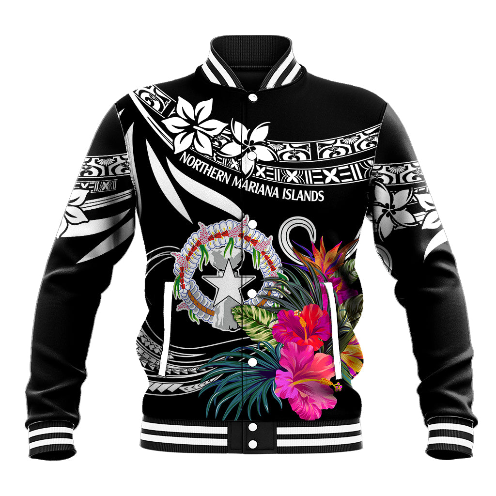 Black baseball jacket with white striped rib collar, front button, floral star graphic