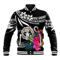 Black baseball jacket with white striped rib collar, front button, floral star graphic