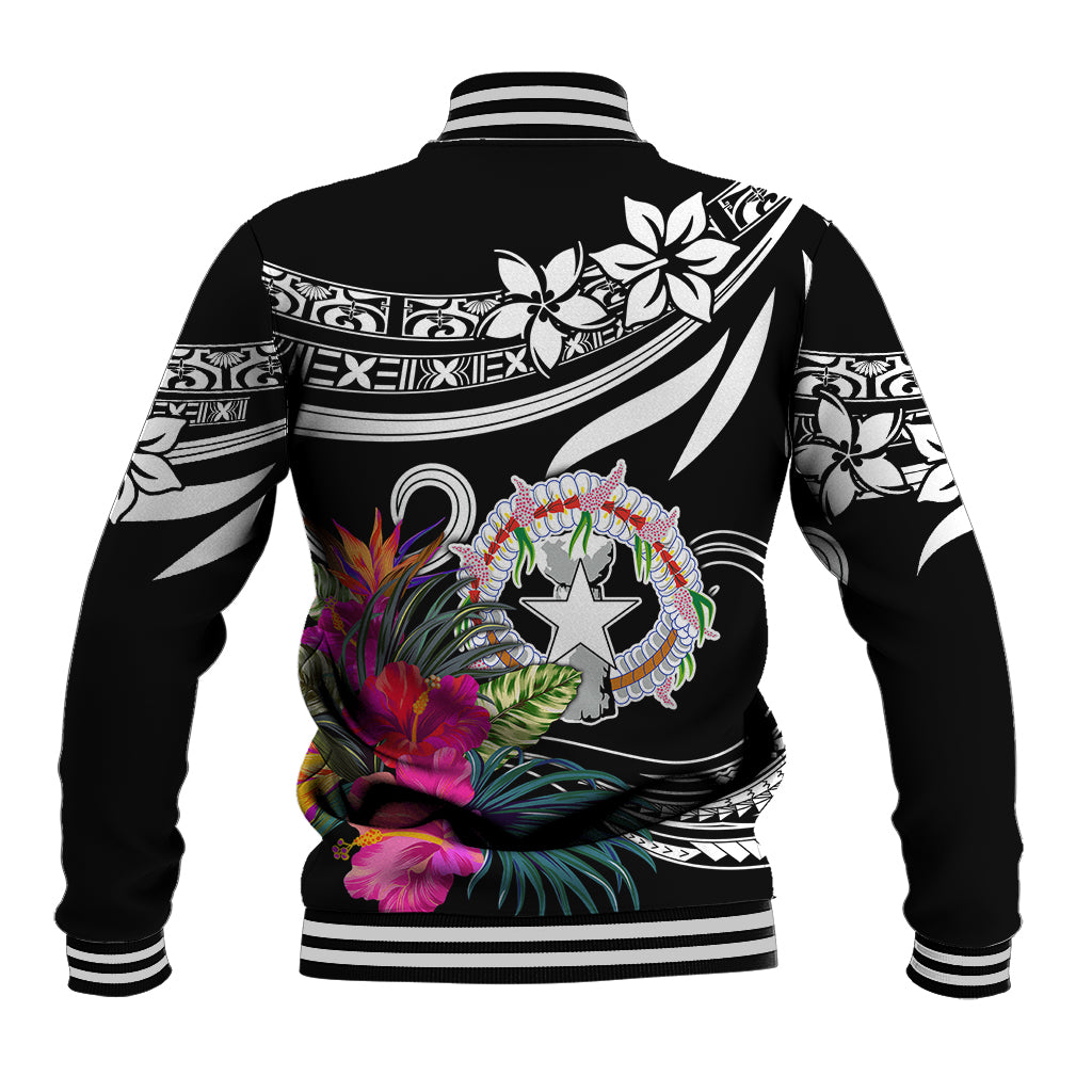 Black baseball jacket with white striped cuffs and back floral star emblem