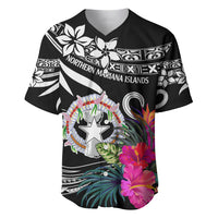 Black baseball jersey with floral and crest graphic, short sleeves, V-neck