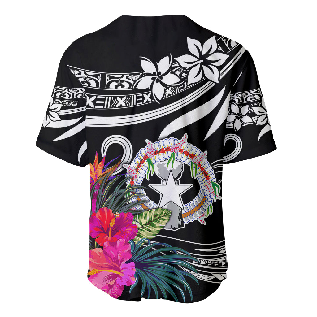Black baseball jersey with back crest and tropical flower graphics, short sleeves
