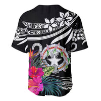 Black baseball jersey with back crest and tropical flower graphics, short sleeves