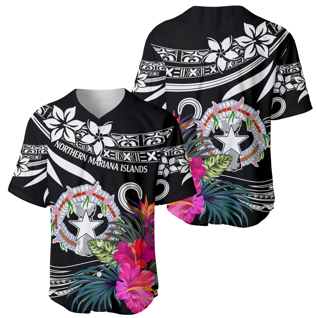 Two black baseball jerseys with tropical floral crest design and short sleeves