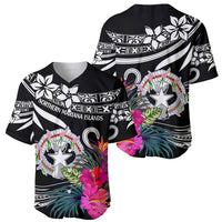 Two black baseball jerseys with tropical floral crest design and short sleeves