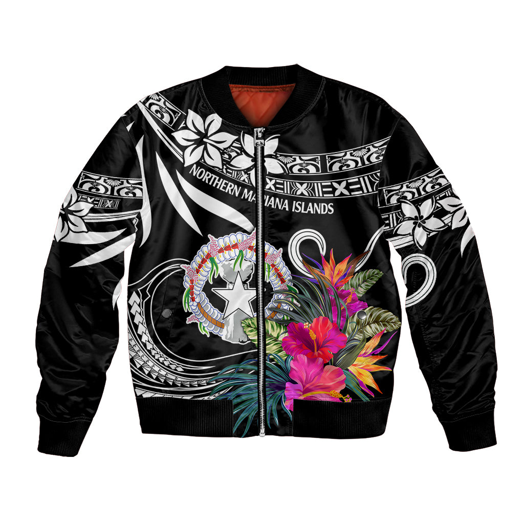 Black bomber jacket with front zipper and colorful floral emblem graphic