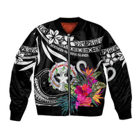 Black bomber jacket with front zipper and colorful floral emblem graphic