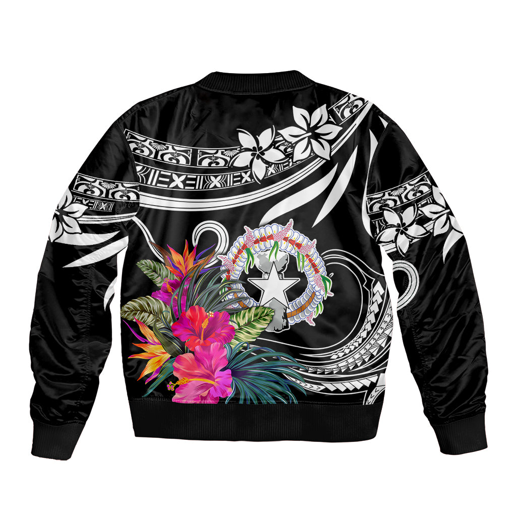 Black bomber jacket with back graphic of flowers, star emblem, and decorative stripes