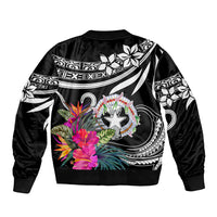 Black bomber jacket with back graphic of flowers, star emblem, and decorative stripes