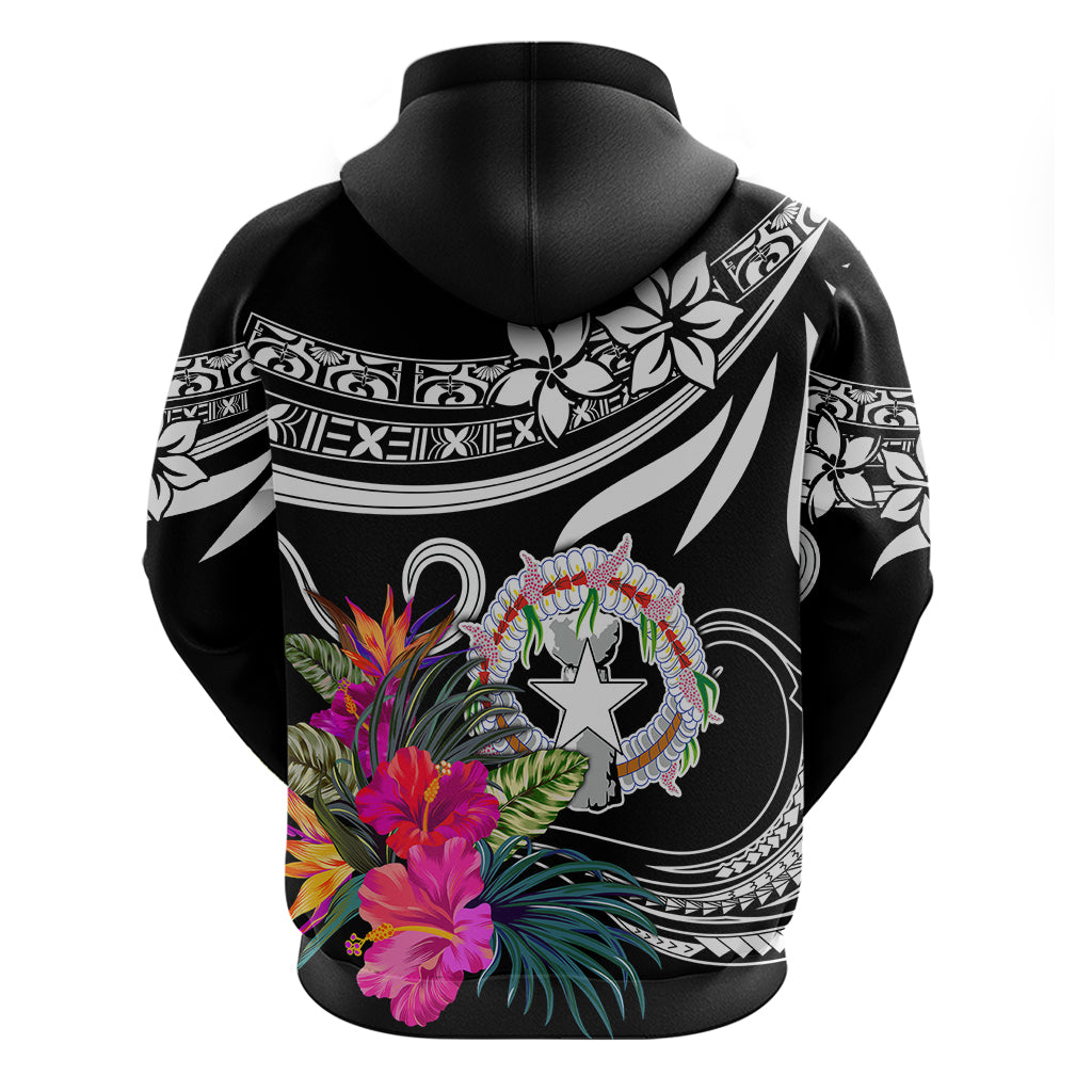 Black pullover hoodie with tropical floral back print, star crest, and tribal border