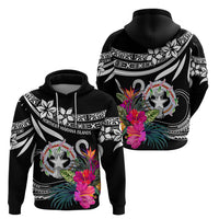 Black hoodie set showing front and back views with tropical flowers, star emblem, tribal patterns