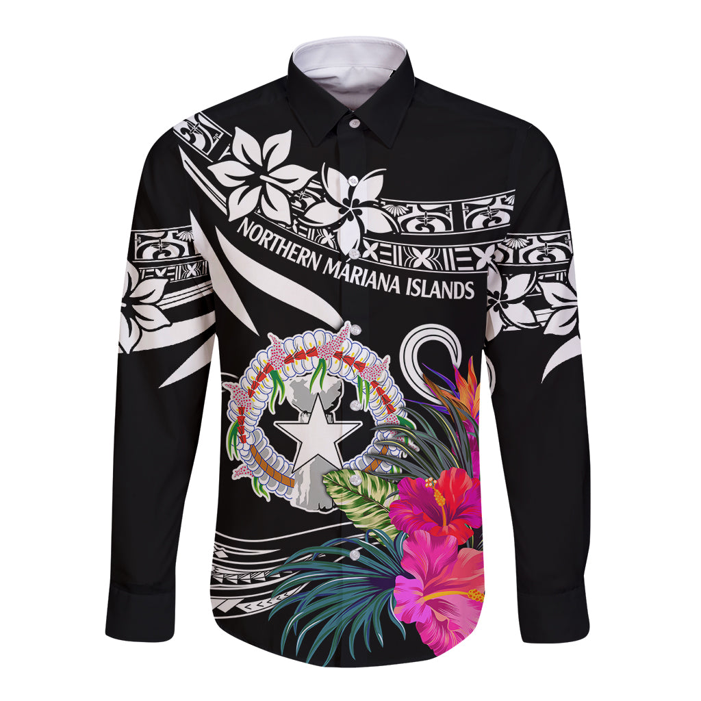 Long sleeve button shirt with black base and colorful island graphic print