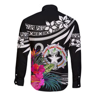 Long sleeve button shirt, black with back graphic, floral and tribal border
