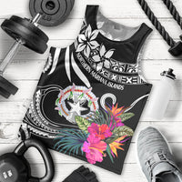 Men's black tank top with colorful tropical floral and Northern Mariana Islands graphic