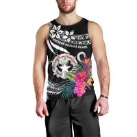 Men's black sleeveless tank top with tropical flowers, wreath and star emblem graphic