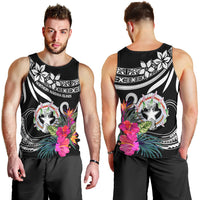 Men's black tank top shown front and back with tropical floral and star emblem