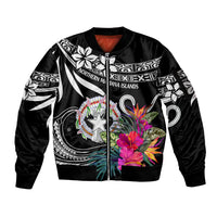Black bomber jacket with front zip, star-and-flower tropical graphic