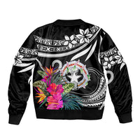 Black bomber jacket with back graphic of star wreath and tropical flowers