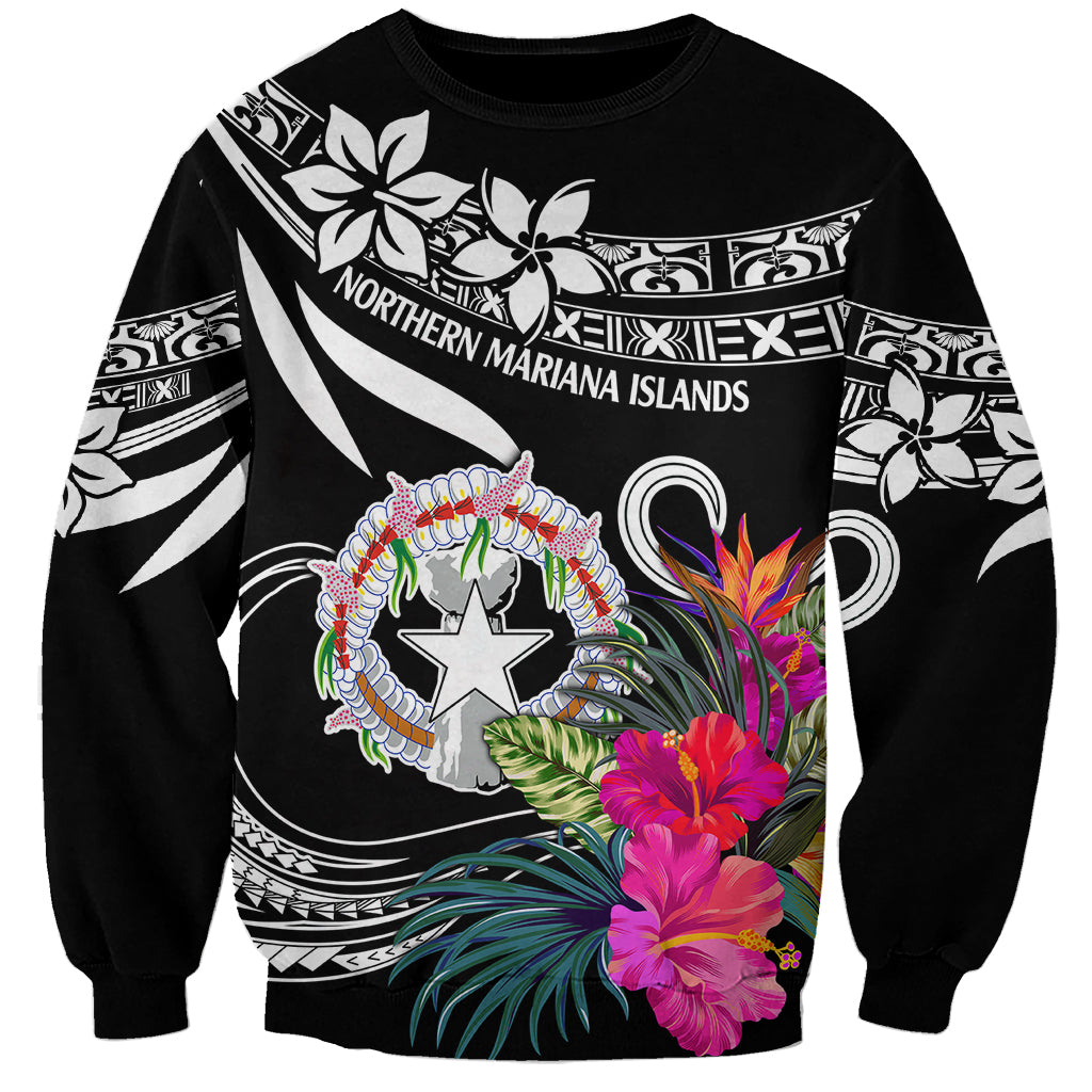 Unisex black sweatshirt with large front graphic of Northern Mariana Islands and flowers