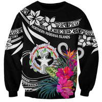 Unisex black sweatshirt with large front graphic of Northern Mariana Islands and flowers