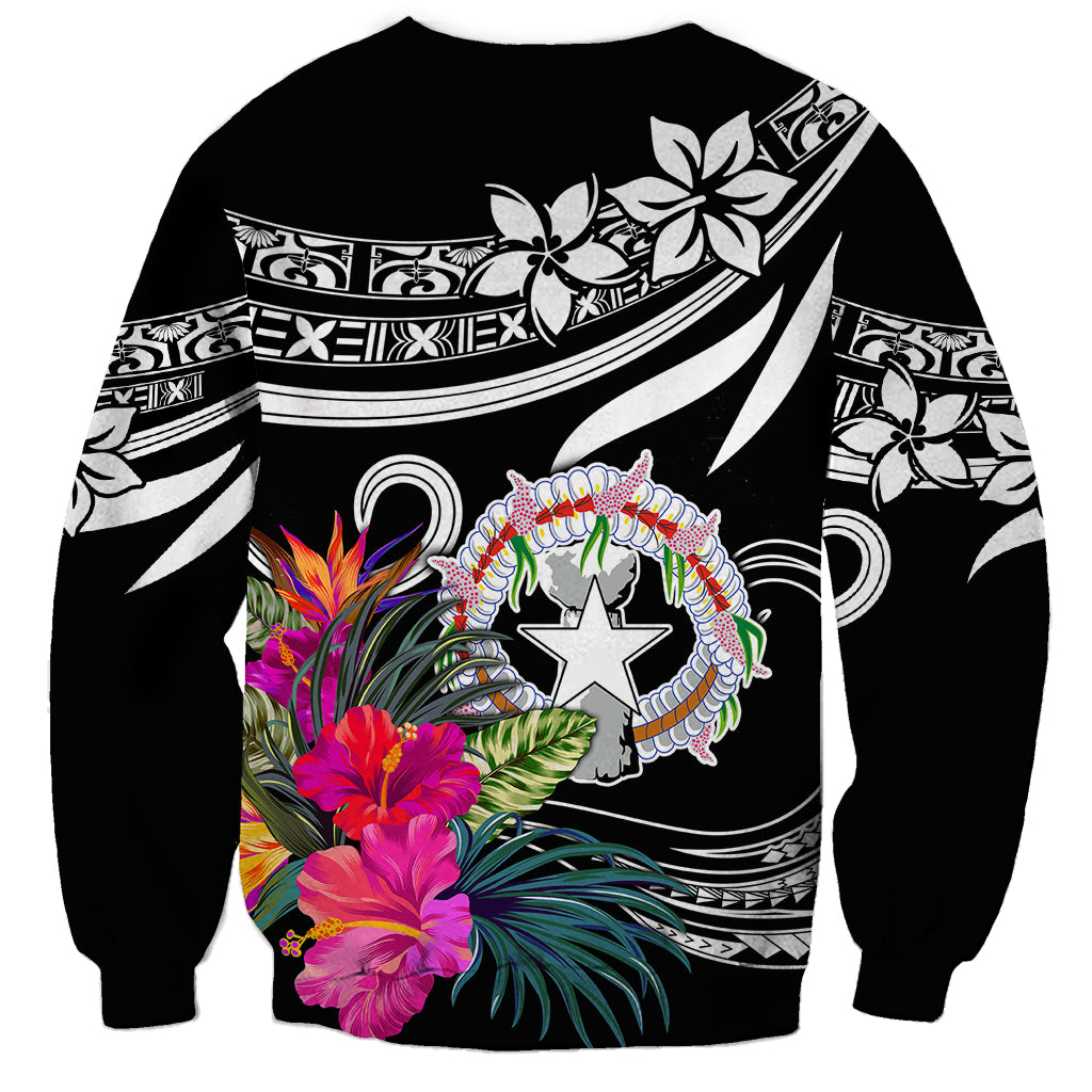 Unisex black sweatshirt with back graphic of Northern Mariana Islands star and tropical flowers