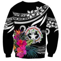 Unisex black sweatshirt with back graphic of Northern Mariana Islands star and tropical flowers