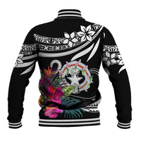 Black unisex baseball jacket back with striped ribbed hem, tropical star wreath and floral print