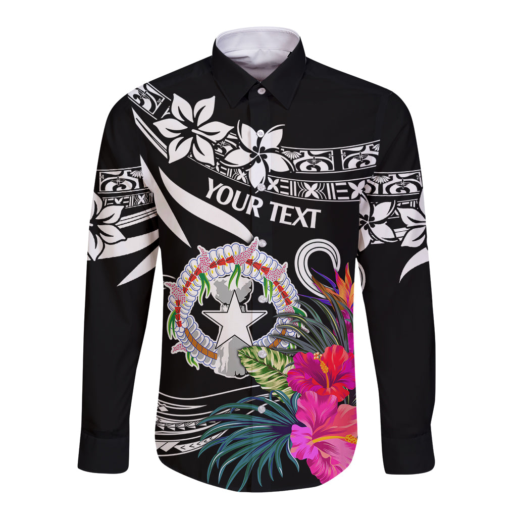 Long-sleeve button-up shirt, black with white tribal stripes and colorful floral graphic, “YOUR TEXT”.
