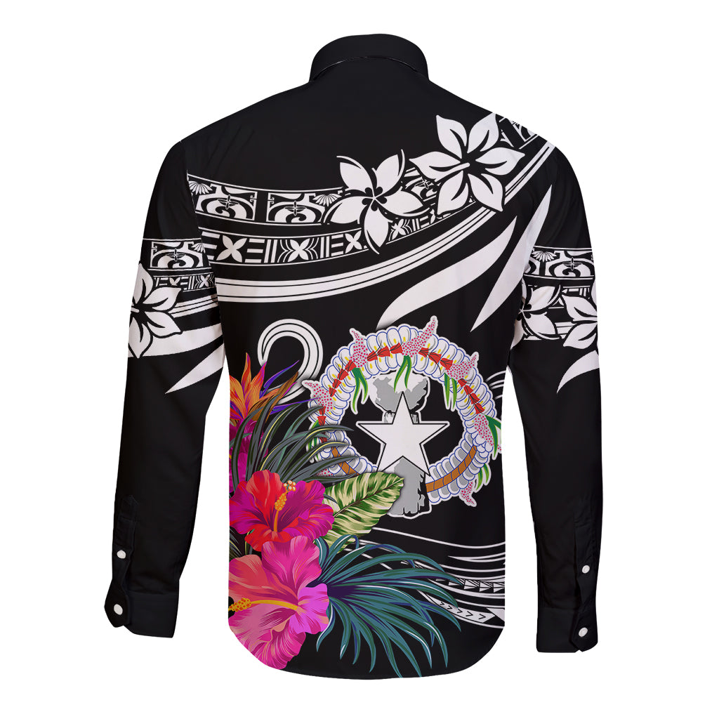 Long-sleeve button-up shirt, black with white tribal stripes and colorful floral graphic on back.