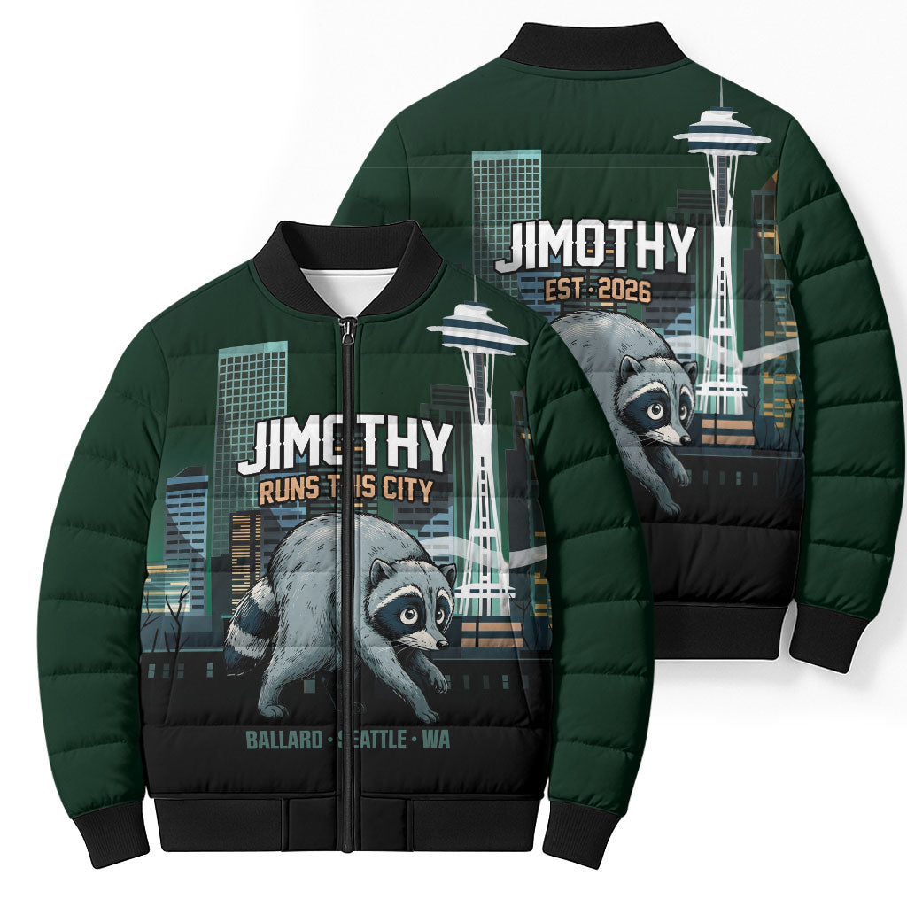 Raccoon Jimothy Runs This City Bomber Puffer Jacket