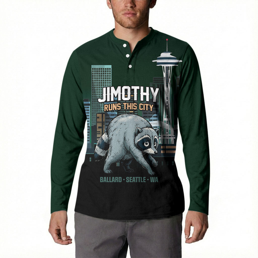Raccoon Jimothy Runs This City Button Sweatshirt