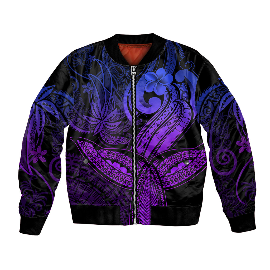 Purple bomber jacket with full-zip front, ribbed collar/cuffs, blue floral and wave print.