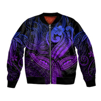 Purple bomber jacket with full-zip front, ribbed collar/cuffs, blue floral and wave print.