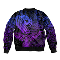 Purple bomber jacket with ribbed hem and cuffs, blue floral pattern across the front.